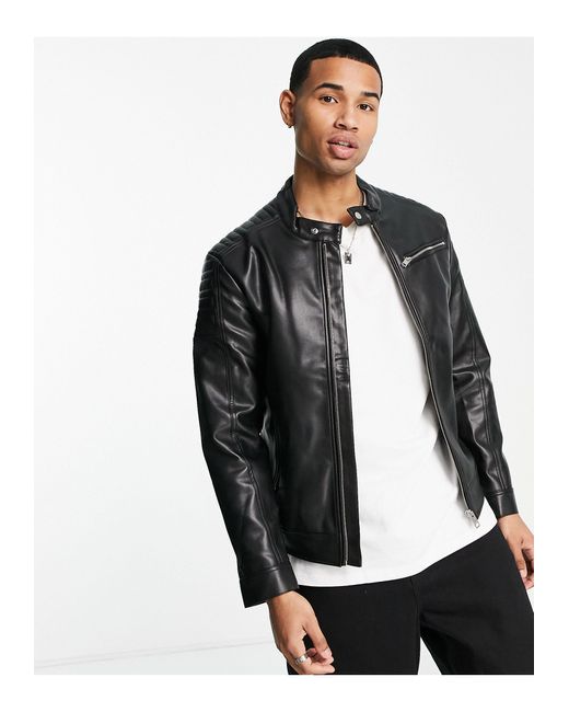 Pull&Bear Faux Leather Biker Jacket in Black for Men - Lyst