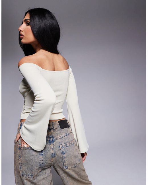 ASOS Gray Ribbed Off Shoulder Tie Waist Detail Top