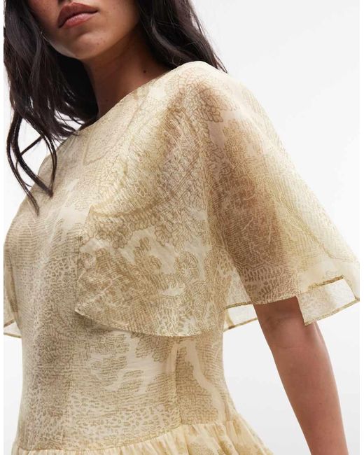 AllSaints Natural Yanna Short Sleeve Floral Ruffle High Neck Mini Dress