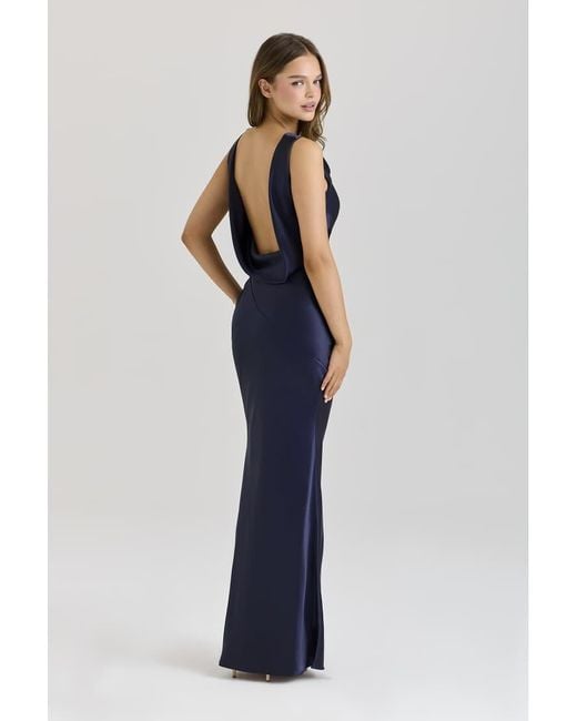 House Of Cb Blue Safaira Satin Draped Cowl Neck Maxi Dress