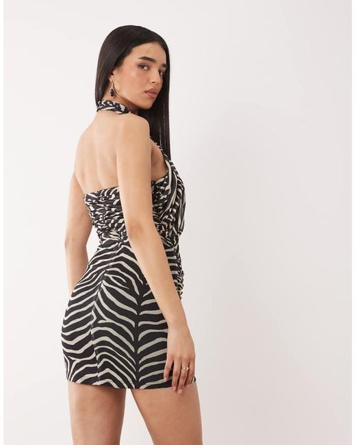 Ruched & Ready Brown Mesh Cross Front Halterneck Mini Dress