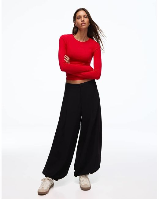 Bershka Red Round Neck Long-sleeve T-shirt