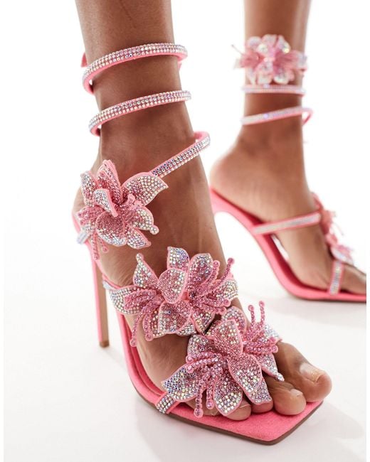 SIMMI Pink Simmi London Melba Spiral Heeled Sandals With Embellished Flower Details