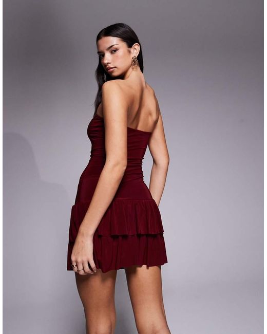 Fashionkilla Purple Exclusive Double Sculpted Slinky Bandeau Drop Waist Ruffle Hem Mini Dress