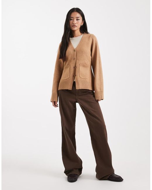 ASOS Brown Waisted V Neck Cardigan With Pocket Detail