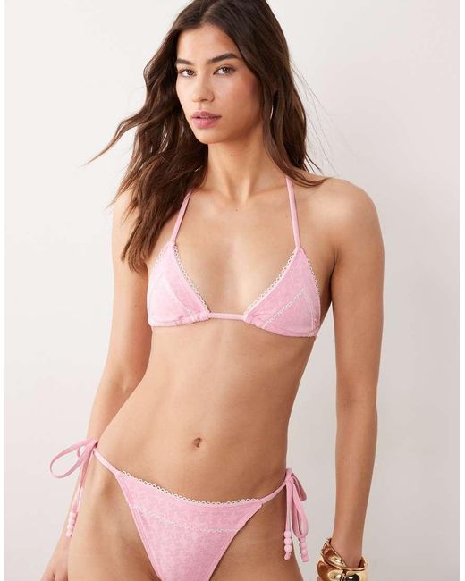 Miss Selfridge Natural Pointelle Lace Trim Triangle Bikini Top