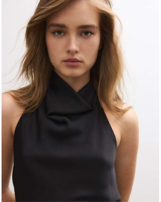 Stradivarius Black Satin Effect Halter Top