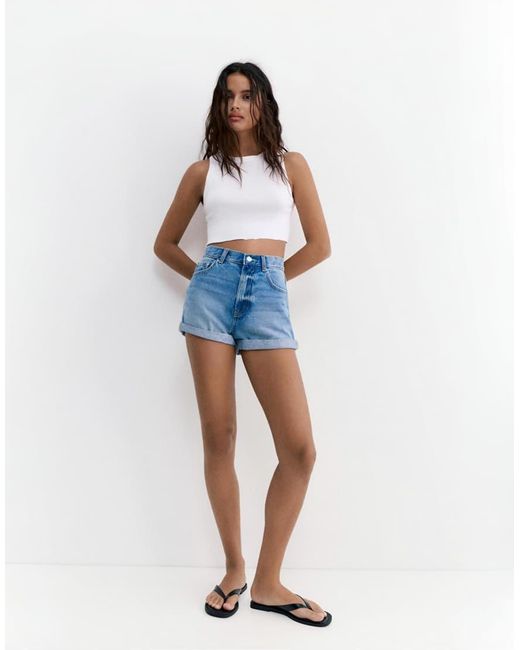 Pull&Bear Blue Mom Fit Denim Shorts With Turn-up Hems