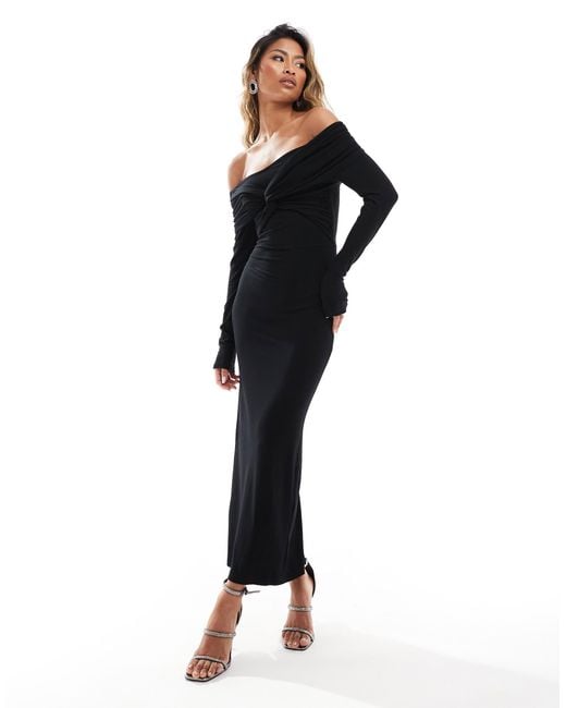 ASOS Black Off Shoulder Twist Midi Dress With Long Sleeves