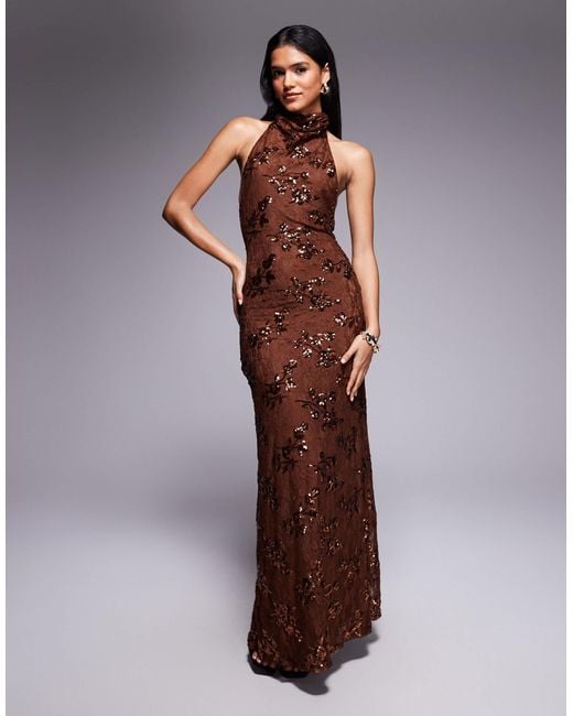 ASOS Sequin Lace Draped Halterneck Maxi Dress With Open Back in Brown
