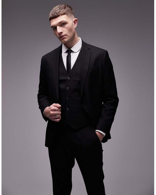 Pantaloni Da Abito Slim Elasticizzati Testurizzati Neri di Topman in Black da Uomo