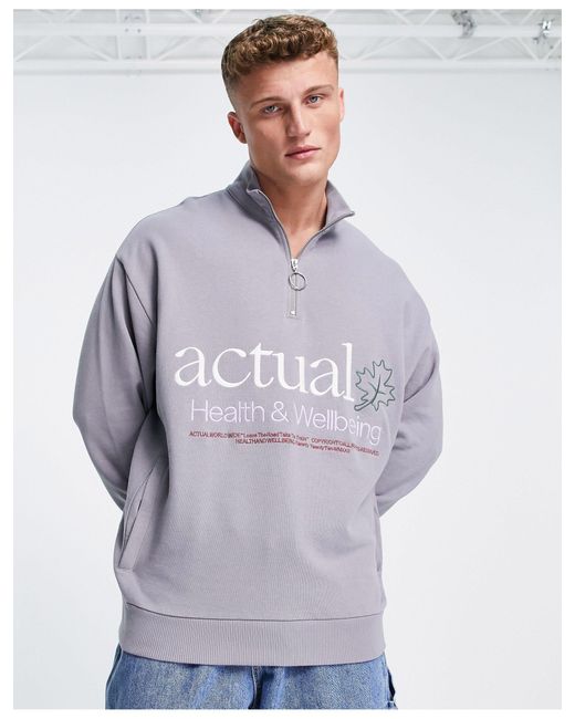 ASOS Cotton Asos Actual Oversized Quarter Zip Sweatshirt With Logo Embroidery in Green (Gray