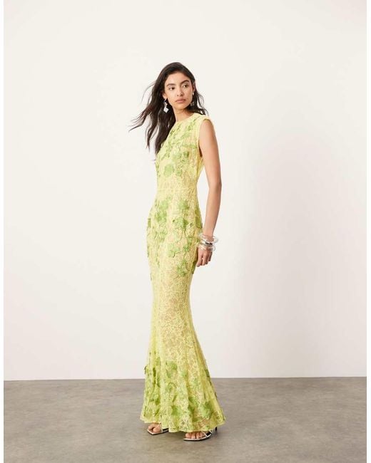ASOS Sheer Embroidered Floral Lace Open Back Maxi Dress in Green | Lyst UK