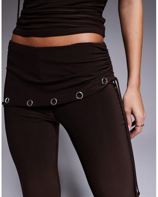 Kaiia Gray Exclusive Double Layered Slinky Ruched Foldover Waistband Eyelet Detail Pants