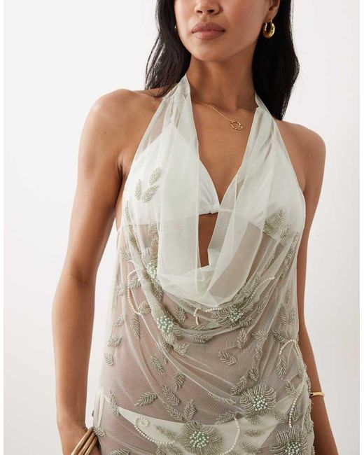 Miss Selfridge Natural Beach Beaded Cowl Neck Mini Dress