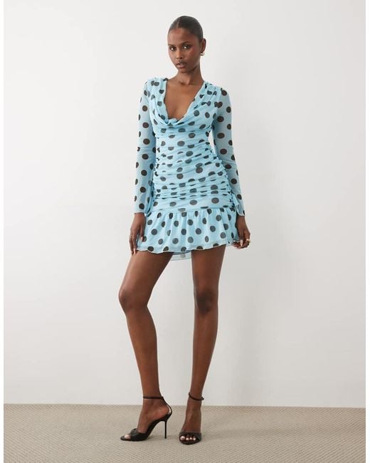 Kaiia Blue Exclusive Mesh Overlay Long Sleeve Cowl Neck Asymmetrical Hem Mini Dress