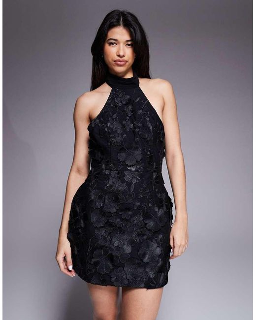 Jarlo Blue Carmen 3D Floral Lace Halter Neck Mini Dress