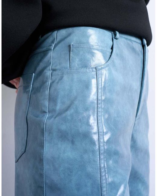 TOPSHOP Blue Faux Leather High Shine Scoop Pocket Wide Leg Trouser