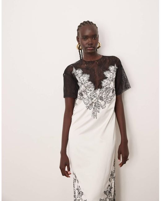ARRANGE Satin Lace Applique Embroidered Column Midi Dress in Natural | Lyst