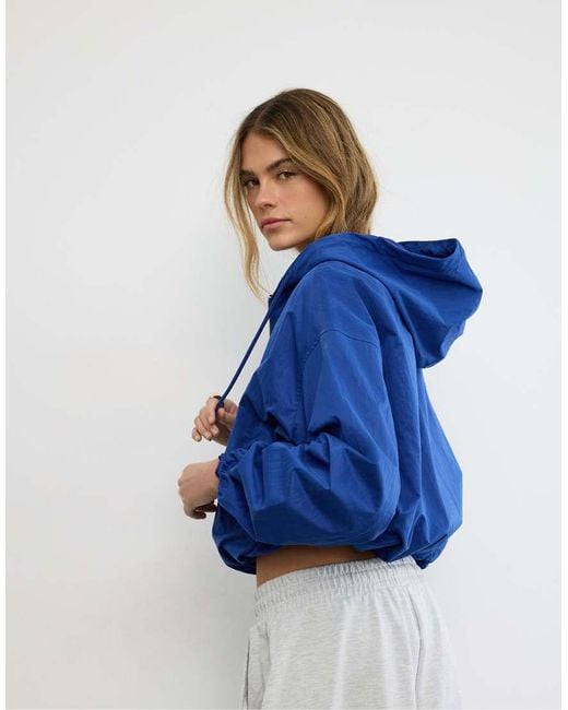 Stradivarius Blue Nylon Hooded Jacket