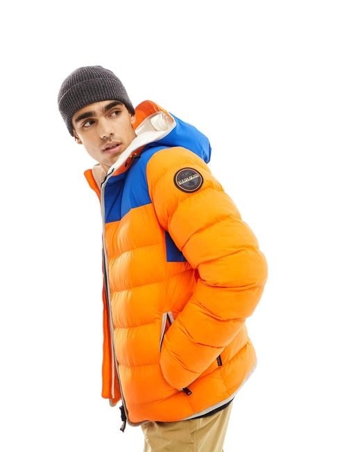 Napapijri Orange Shackleton Hooded Insulated Puffer Jacket for men