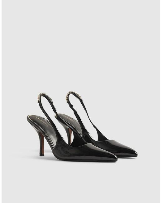 River Island Black Patent Slingback Chain Court Heels