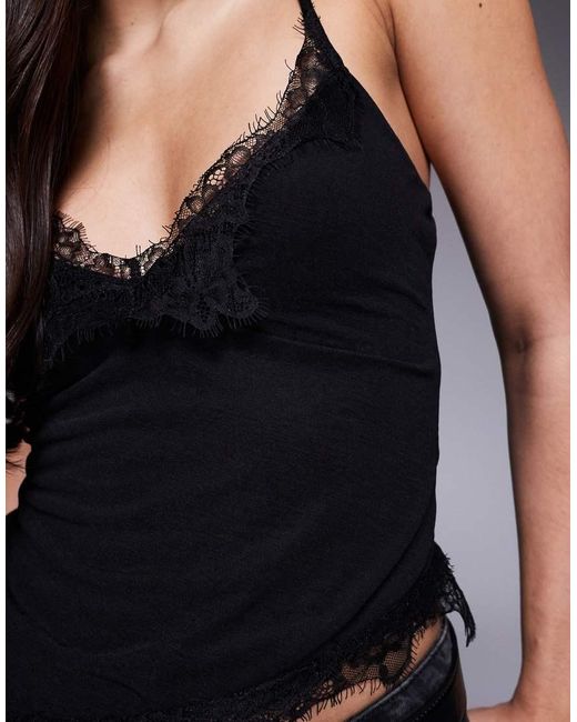 ASOS Black Mesh Lace Trim Cami Top With Asymmetric Hem