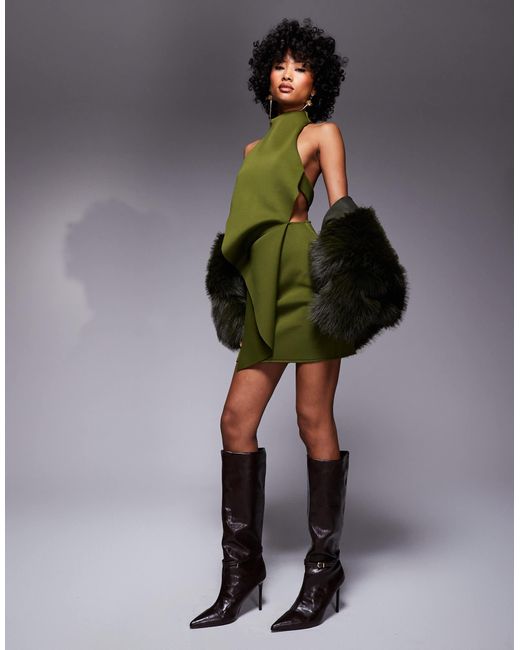 ASOS Green Mini Dress With Halter Neck And Fold Back Detail