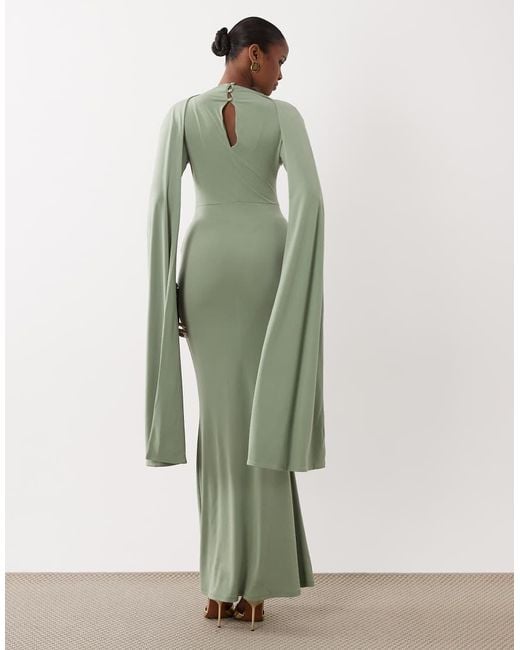 ASOS Green Slinky Long Sleeve Maxi Dress With Extreme Cape Shoulder Detail