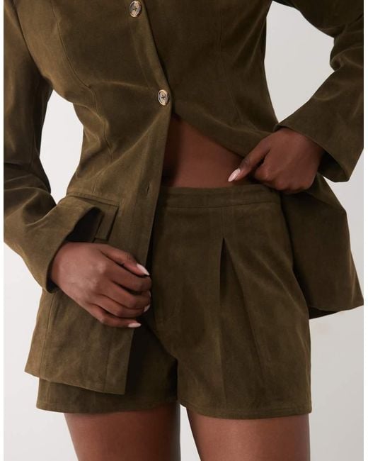 Kaiia Natural Exclusive Faux-suede Pleat Front Micro Shorts