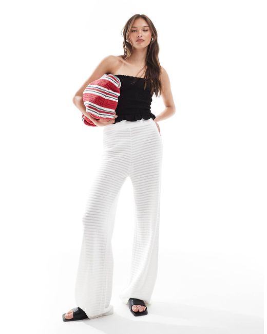 Pieces White Mix And Match Self Stripe Knitted Wide Leg Trouser