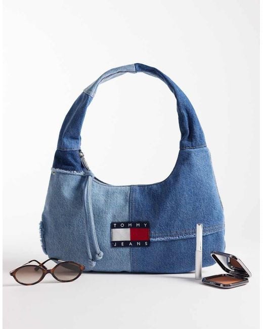 Tommy Hilfiger Blue Patchwork Denim Shoulder Bag With Logo