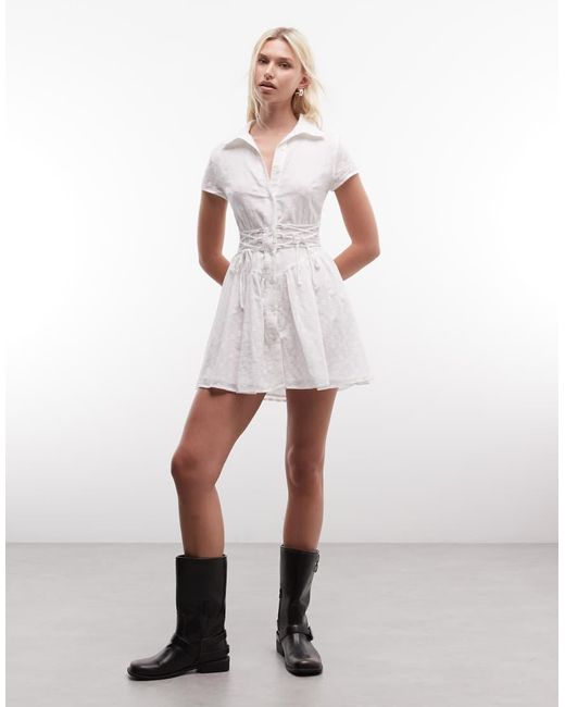 Daisy Street White Cinched Mini Shirt Dress With Tie Back