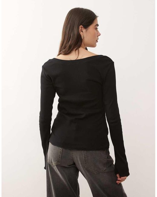 Monki Black Long Sleeve Henley Button Top With Flared Sleeves