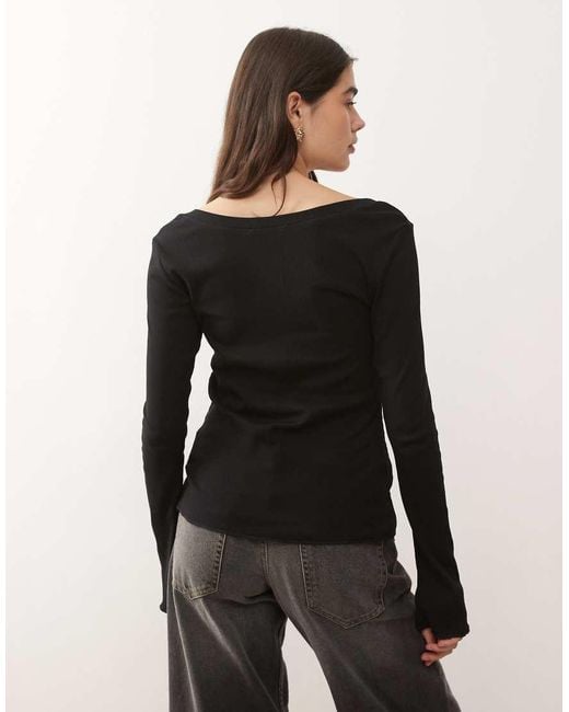 Monki Black Long Sleeve Henley Button Top With Flared Sleeves