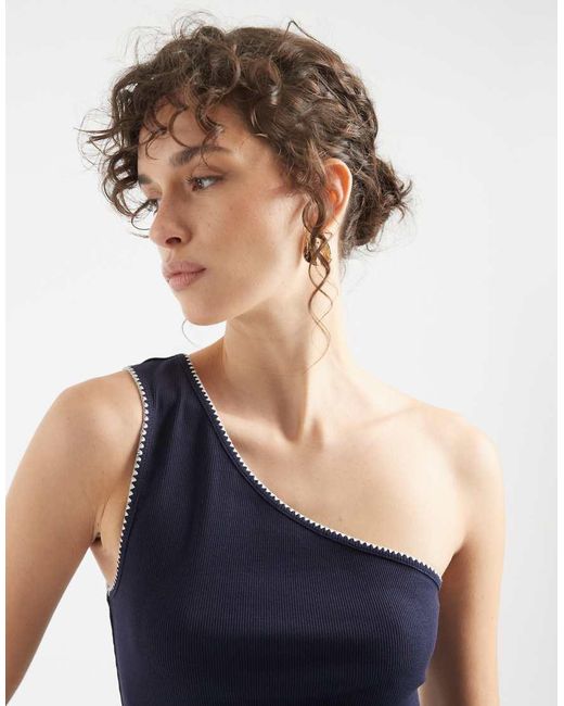 ASOS Blue Ribbed One Shoulder Vest With Blanket Stitch Detail