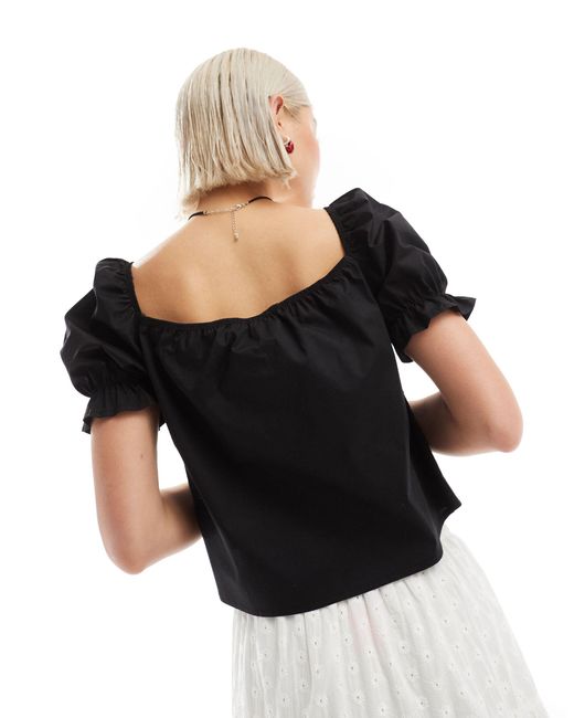 Reclaimed (vintage) Black Puff Sleeve Top With Tie Front