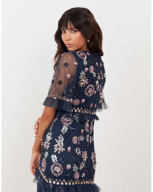 Maya Blue Embellished Short Sleeve Spot Mesh Maxi Dress
