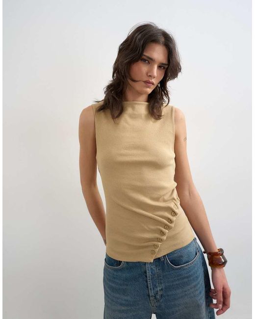 TOPSHOP Natural Button Detail Slash Neck Ribbed Top