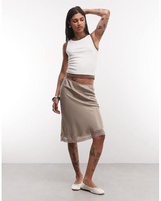 Reclaimed Vintage Natural Satin Awkward Length Skirt With Lace Trim
