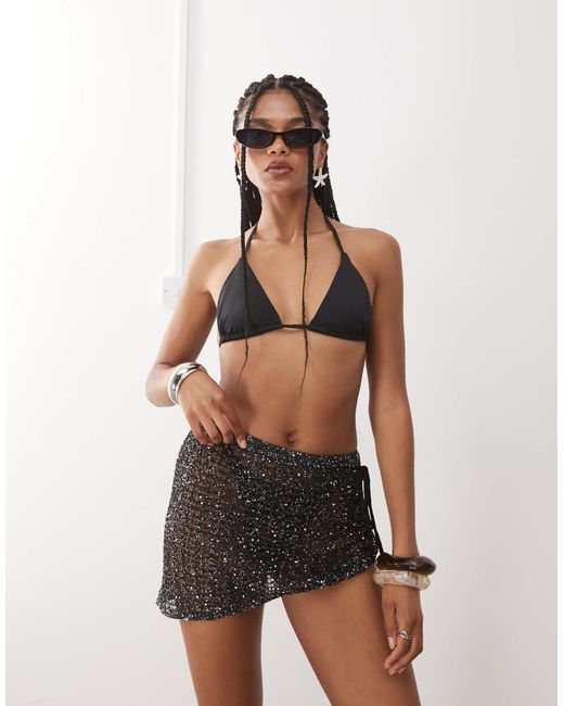 Miss Selfridge Black Beach Sequin Crochet Sarong Mini Skirt