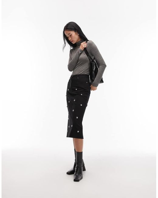 ARKET Black Studded Denim Midi Skirt
