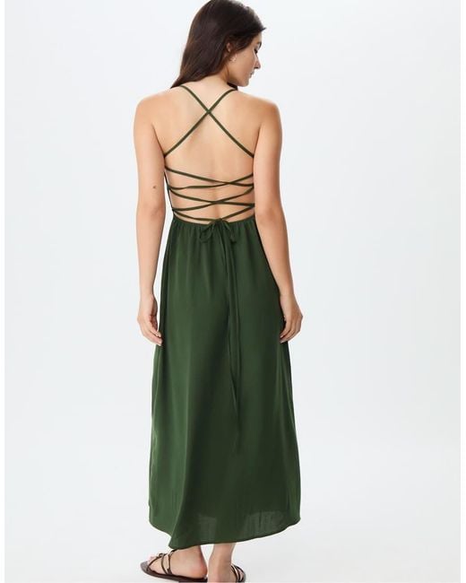 Stradivarius Green Loose-fitting Maxi Dress With Open Back