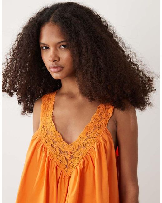 ASOS Orange V Neck Smock Poplin Mini Sundress With Lace Overlay