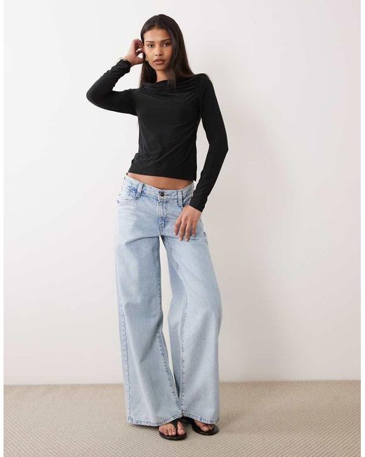 ASOS Top Van Gladde Stof Met Lange Mouwen En Gerimpelde Boothals in het Black