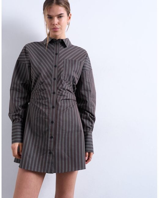 TOPSHOP Gray Gathe Waist Long Sleeve Shirt Dress