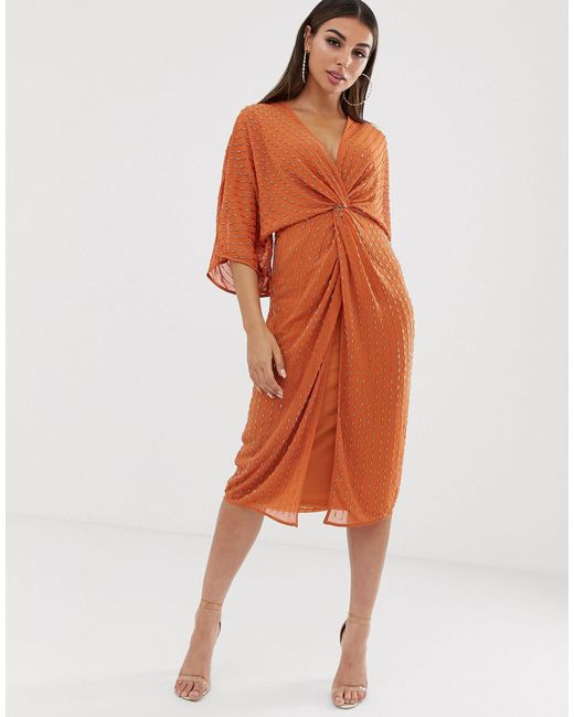 ASOS Midi Kimono Dress With Starburst Beading in Orange | Lyst