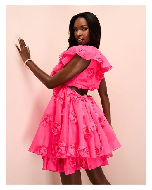 ASOS Pink 3d Floral Organza Ruffle Skater Mini Dress