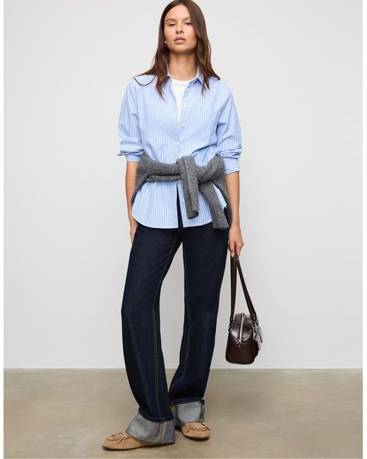 Stradivarius Basic Gestreept Poplin Overhemd Met Zak in het Blue