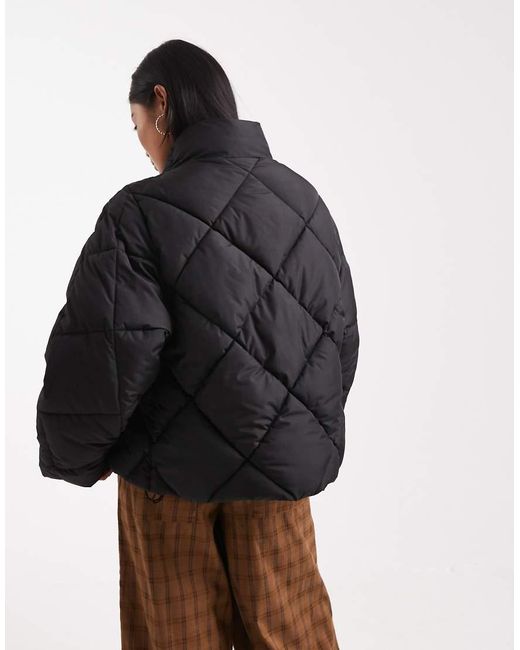 Miss Selfridge Black Oversized Quilted Funnel Neck Crop Puffer Jacket